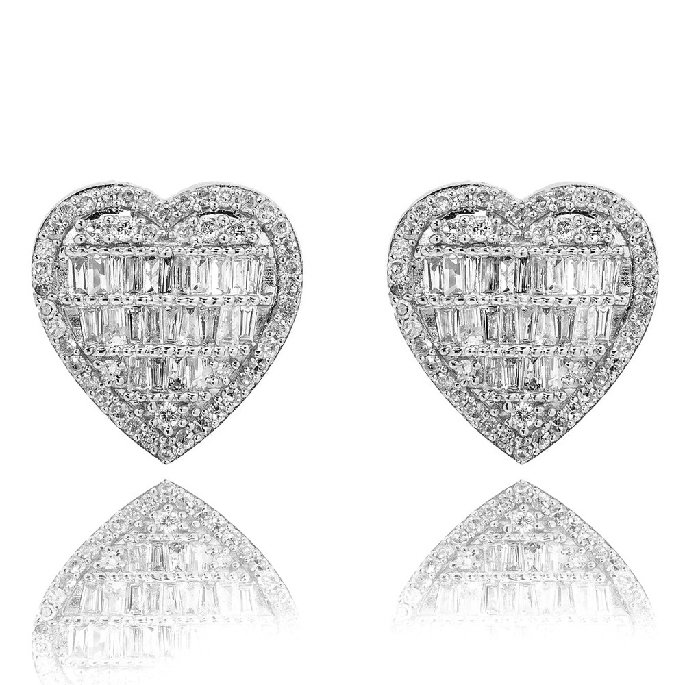 Cute Heart Shape White Gold 925Sterling Silver Iced Baguette Women Stud Earrings